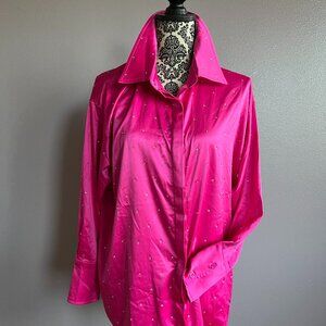 Pink Rhinestone Satin Long Sleeve Blouse (sz L)